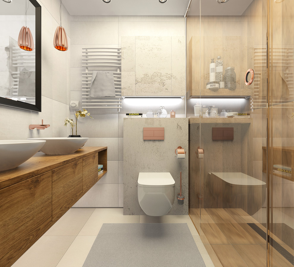 Photo of a mid-sized contemporary 3/4 wet room bathroom in Saint Petersburg with flat-panel cabinets, brown cabinets, a wall-mount toilet, beige tile, porcelain tile, beige walls, porcelain floors, a vessel sink, wood benchtops, beige floor and a hinged shower door.
