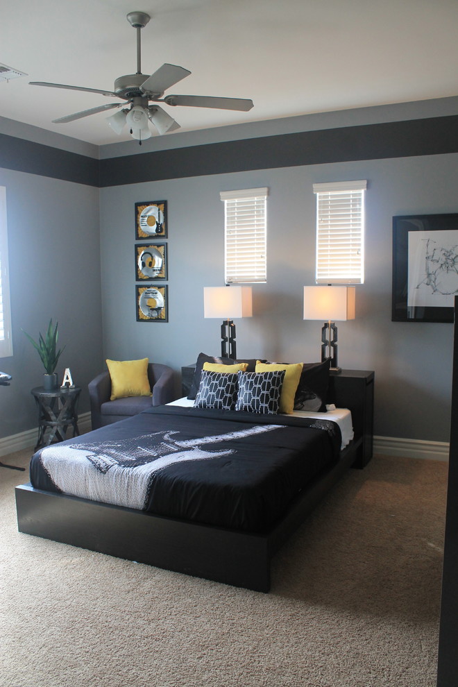 Photo of a mid-sized contemporary kids' room for boys in Phoenix with grey walls and carpet.