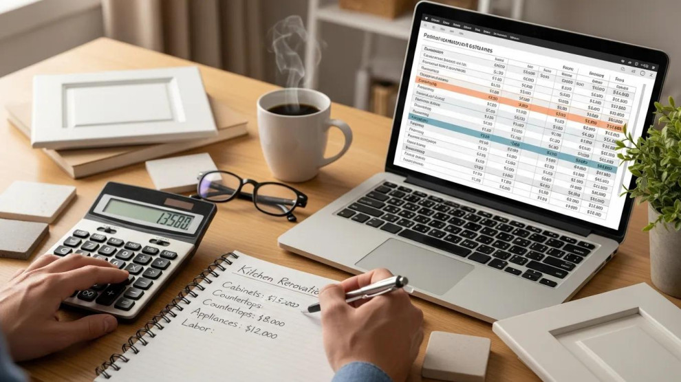 Budget planning for kitchen renovation with calculator and notes