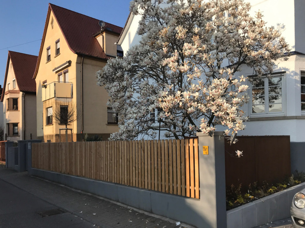 Landhaus Vorgarten im Frühling mit direkter Sonneneinstrahlung und Holzzaun in Stuttgart