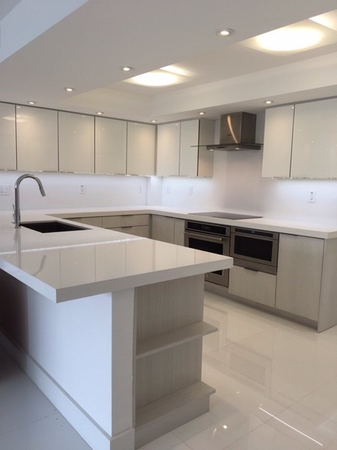 Minimalistic Kitchen. Absolute white counter tops and backsplash. Matte off whit