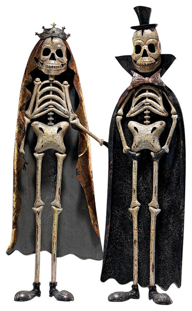 Day Of The Dead King And Queen Metal Skeleton Statues 2 Piece Set