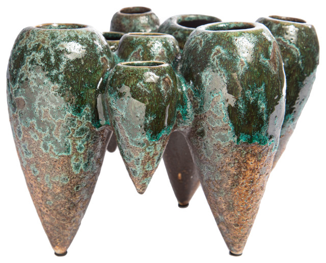 Ceramic Clustered Vase with Banded Spike Bottom Distressed Moss Green Finish
