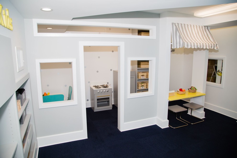 Small traditional gender-neutral kids' playroom in New York with white walls and carpet for kids 4-10 years old.
