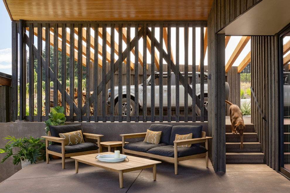 Imagen de patio minimalista de tamaño medio en patio y anexo de casas con losas de hormigón