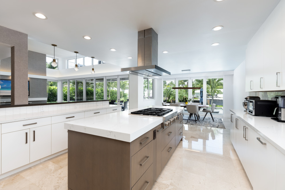 Design ideas for a large modern u-shaped kitchen/diner in Tampa with a built-in sink, flat-panel cabinets, brown cabinets, composite countertops, white splashback, marble splashback, stainless steel appliances, marble flooring, an island, beige floors and white worktops.