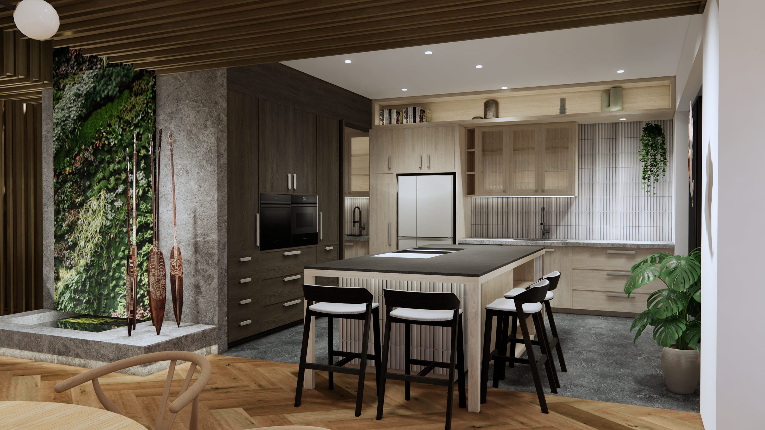 Concept Render for the kitchen featuring open plan design with a large island bench, walk-through butler's pantry and direct access to outdoor BBQ area.