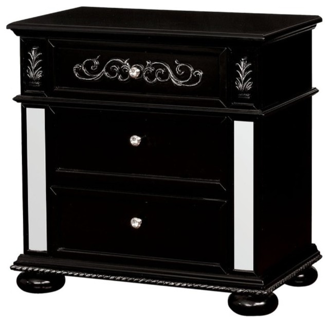 Three Drawer Solid Wood Nightstand With Crystal Knobs And Bun Feet