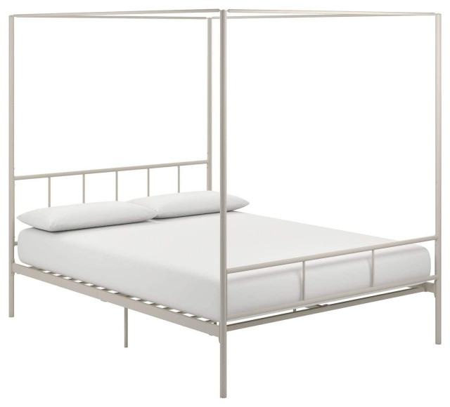 Modern Queen Canopy Bed Frame, Metal Construction With Headboard, White