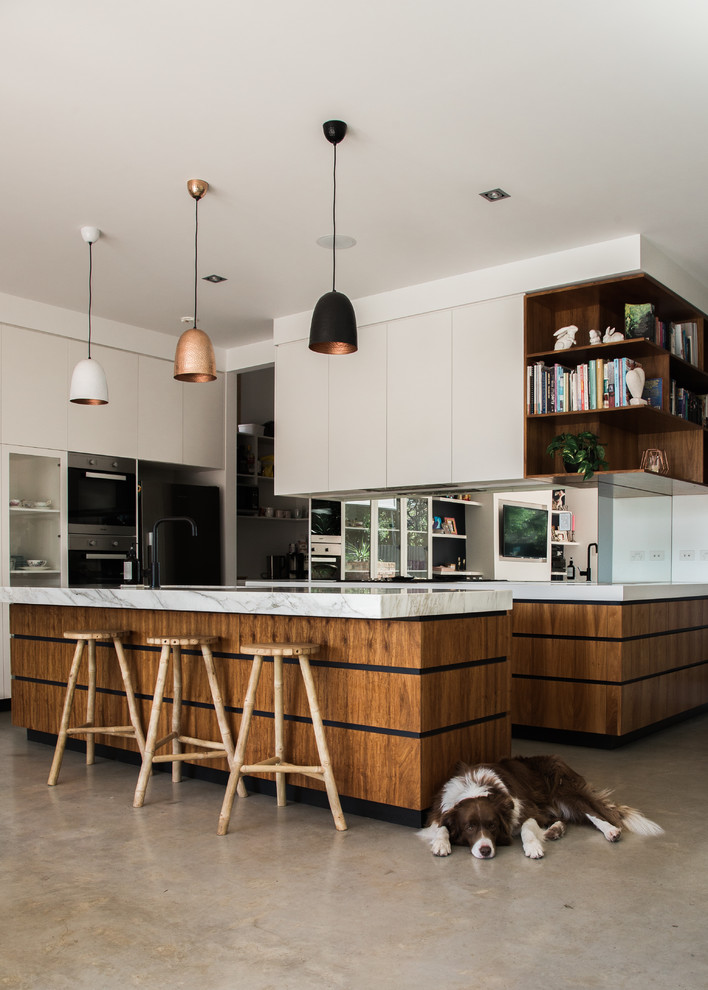 This is an example of a mid-sized contemporary galley kitchen in Brisbane with concrete floors and with island.