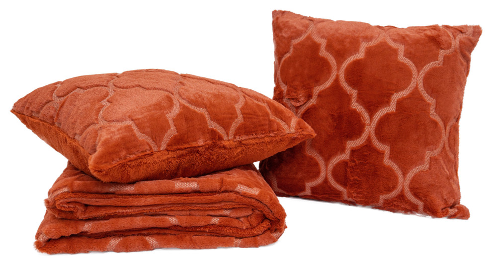 Ogee Tatami Faux Fur Throw Blanket and Pillow Shell Set, Burnt Orange