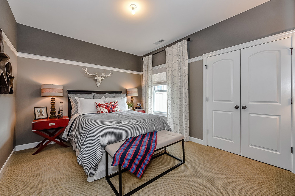 Design ideas for a mid-sized country guest bedroom in Charlotte with grey walls, carpet and beige floor.