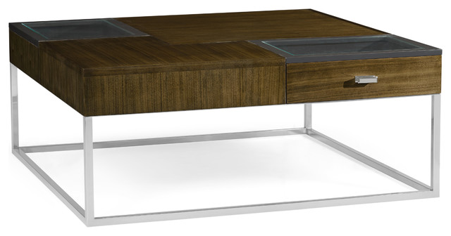 Square Autumn Walnut Coffee Table With Two Glass Top Drawers