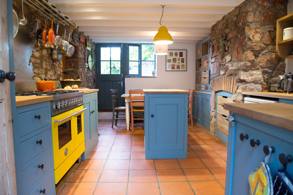 Design ideas for a small contemporary galley separate kitchen in Other with a farmhouse sink, shaker cabinets, blue cabinets, wood benchtops, metallic splashback, metal splashback, coloured appliances, with island and terra-cotta floors.
