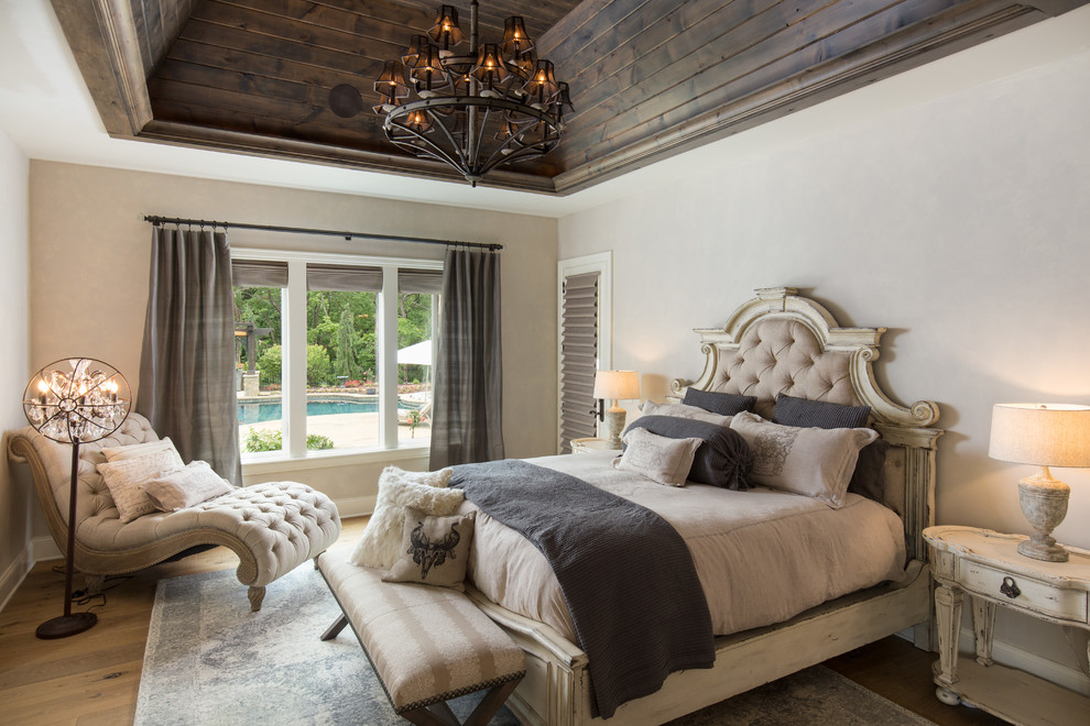 Design ideas for a traditional bedroom in Birmingham with beige walls, medium hardwood floors and brown floor.