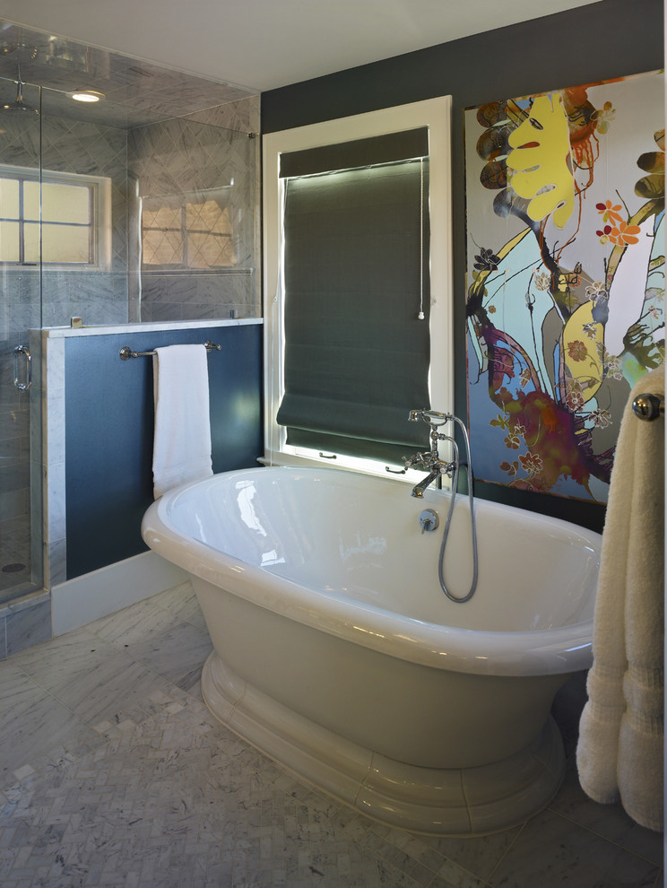 Contemporary bathroom in Denver with a freestanding tub.