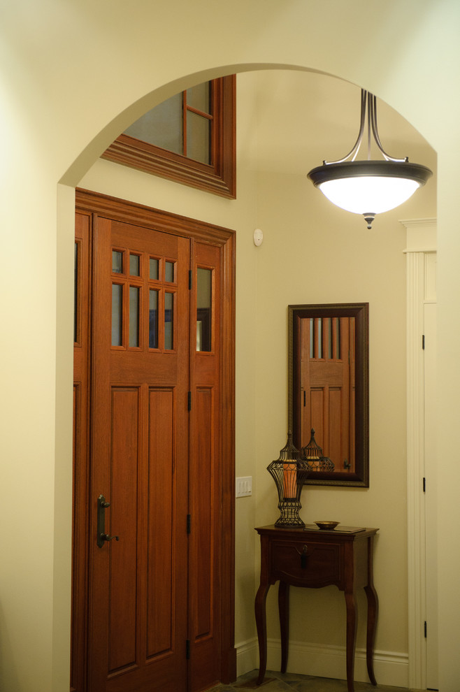 Design ideas for a mid-sized arts and crafts front door in Toronto with beige walls, a single front door and a dark wood front door.