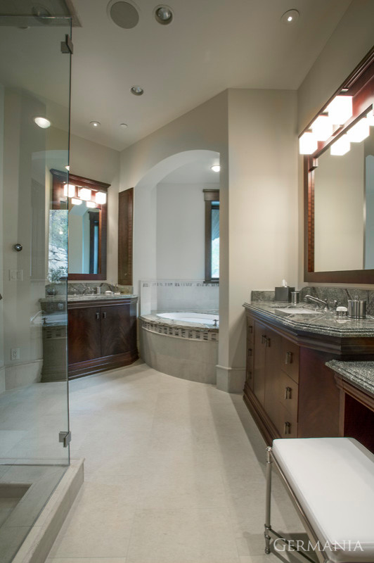 Bathroom - traditional master white floor and double-sink bathroom idea in Salt Lake City with beige walls, a drop-in sink, a hinged shower door, green countertops and a built-in vanity