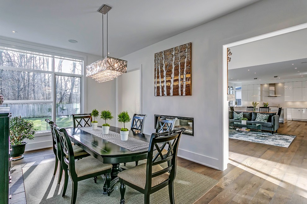 Enclosed dining room - transitional light wood floor enclosed dining room idea in Toronto with white walls and a ribbon fireplace