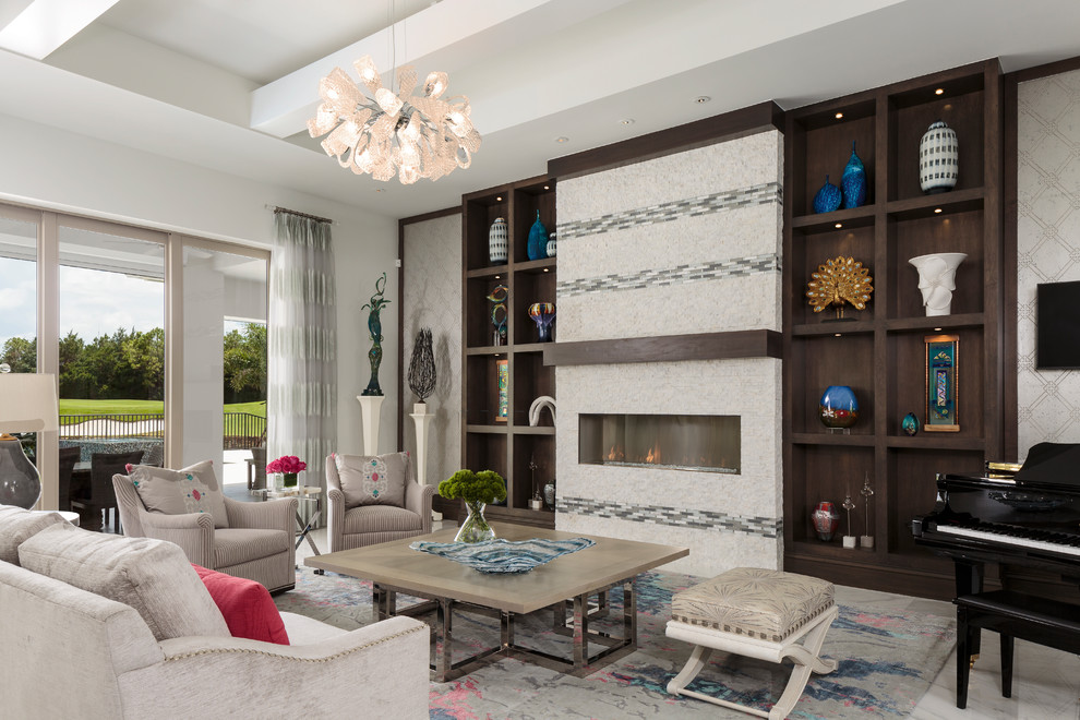 Inspiration for an expansive beach style formal open concept living room in Miami with white walls, marble floors, a ribbon fireplace, a tile fireplace surround, a built-in media wall and multi-coloured floor.