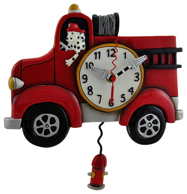 Allen Designs Red Fire Engine Pendulum Wall Clock 13 in. Contemporary