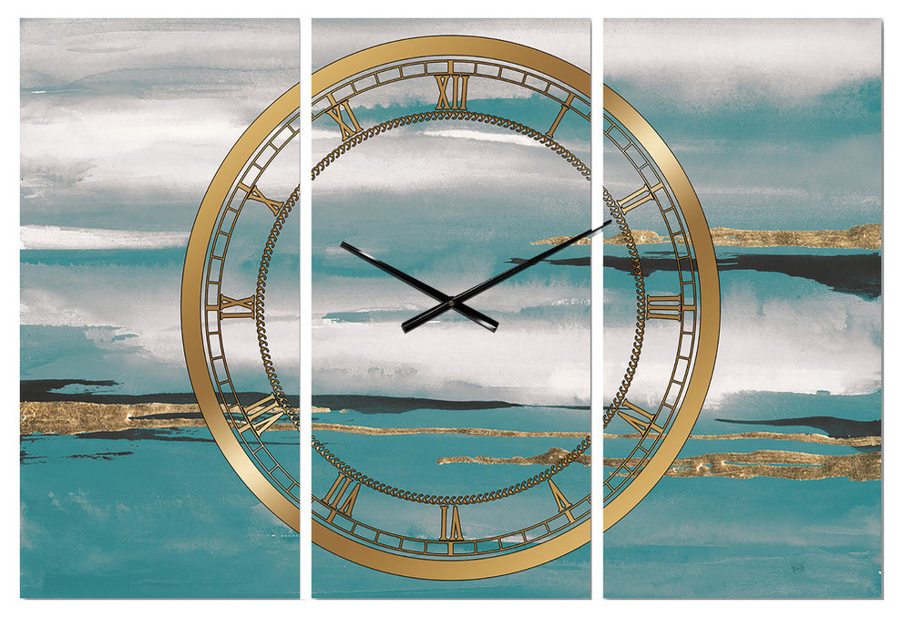 Glam Teal Watercolor Ii Glam 3 Panels Metal Clock