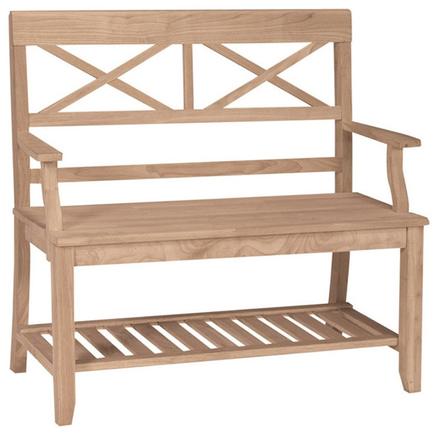 Double X Back Unfinished Bench W Arm Shelf Contemporary Accent Double X Back Unfinished Bench W Arm Shelf