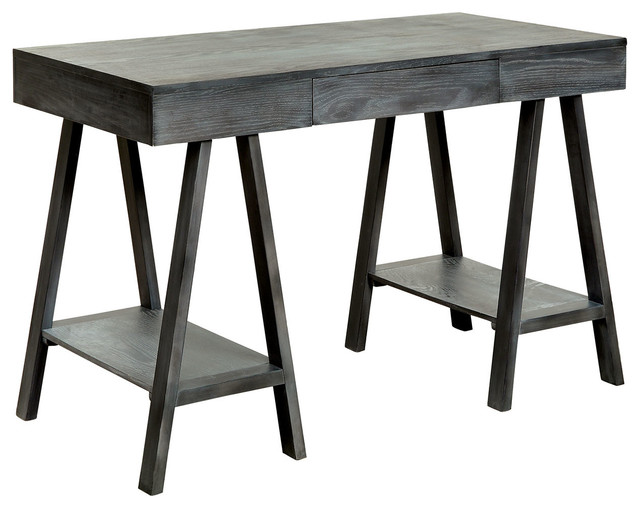 Traditional Gray Wood Writing Desk Single Drawer Double Storage Side Shelves