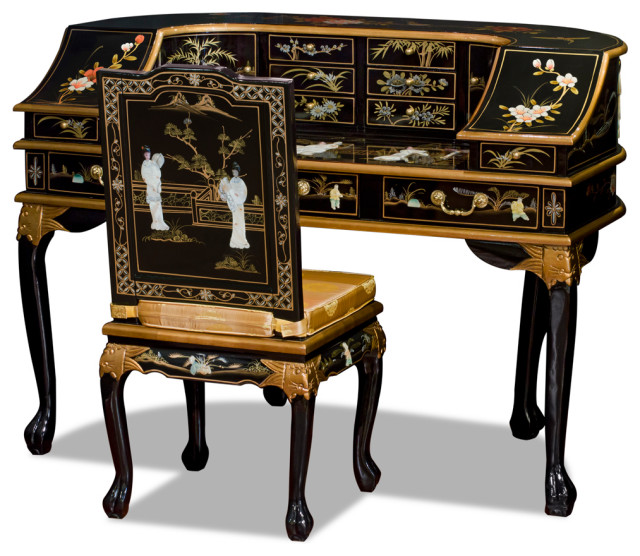Mother Of Pearl Lady Motif Harpsichord Style Desk With Chair