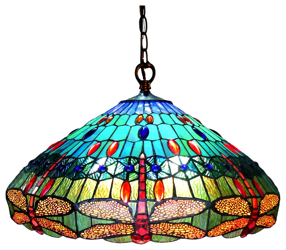 SCARLET, Tiffany-style 3 Light Dragonfly Hanging Pendant Lamp, 24" Shade