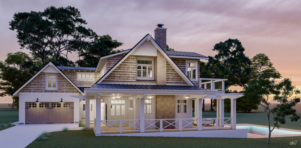 Mittelgroßes, Zweistöckiges Country Einfamilienhaus mit Mix-Fassade, weißer Fassadenfarbe, Satteldach, Blechdach, grauem Dach und Wandpaneelen in San Diego