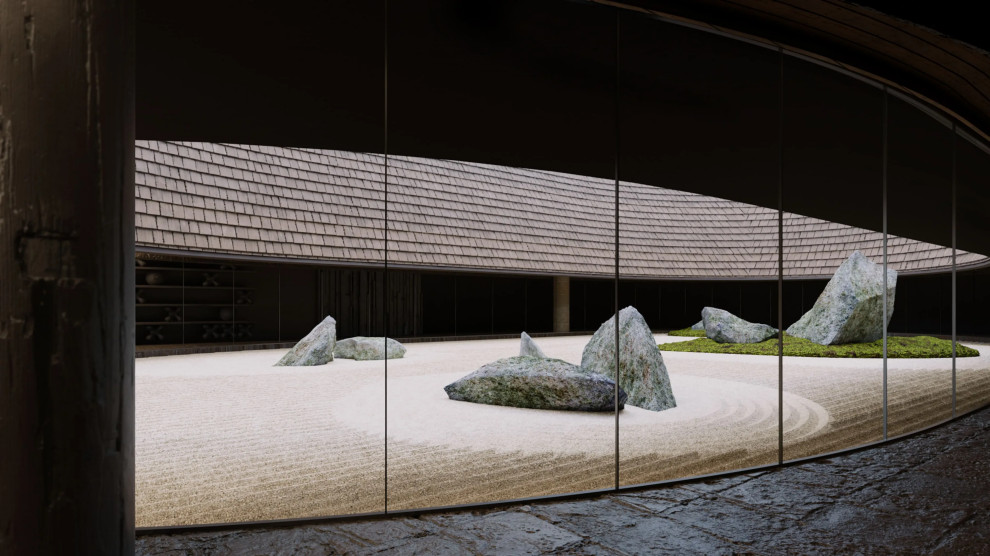 Immagine di un ampio giardino minimalista esposto a mezz'ombra sul tetto con pavimentazioni in pietra naturale