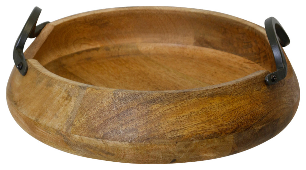 Asha Natural Wood With Iron Metal Round Decorative Tray Small