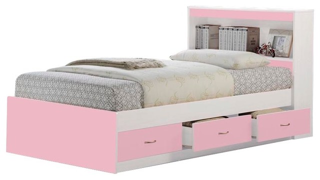 Hodedah Twin Captain Bed With 3-Drawers and Headboard, Pink