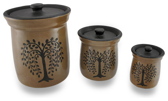 Led Finish Brown Olive Tree Porcelain Canisters 3 Piece Set Led Finish Brown Olive Tree Porcelain Canisters 3 Piece Set