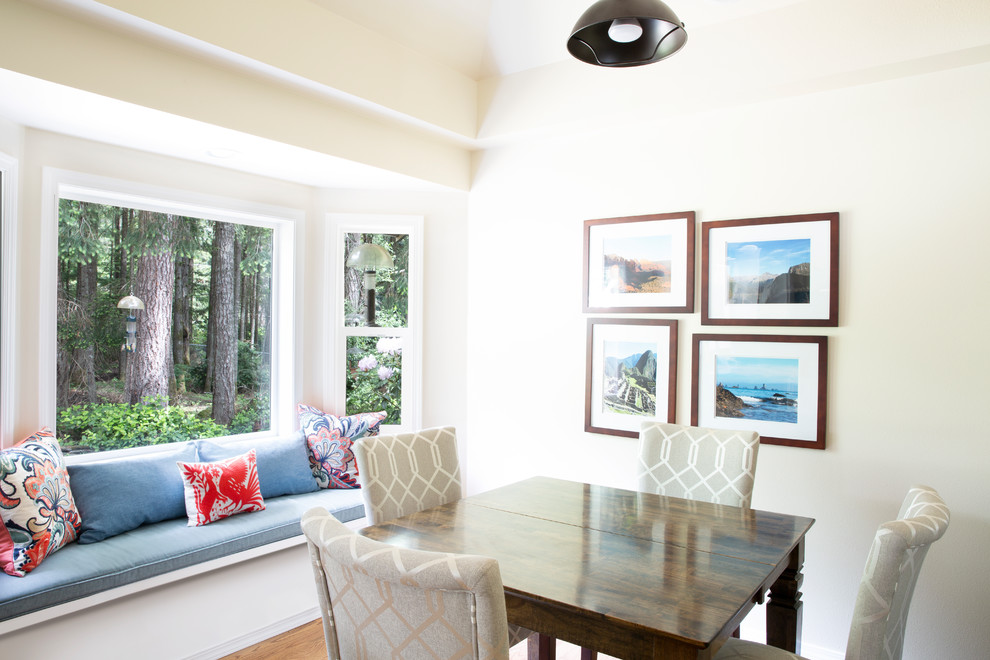Kitchen pantry - small transitional u-shaped medium tone wood floor and brown floor kitchen pantry idea in Seattle with an undermount sink, shaker cabinets, white cabinets, quartz countertops, blue backsplash, porcelain backsplash, stainless steel appliances, no island and gray countertops
