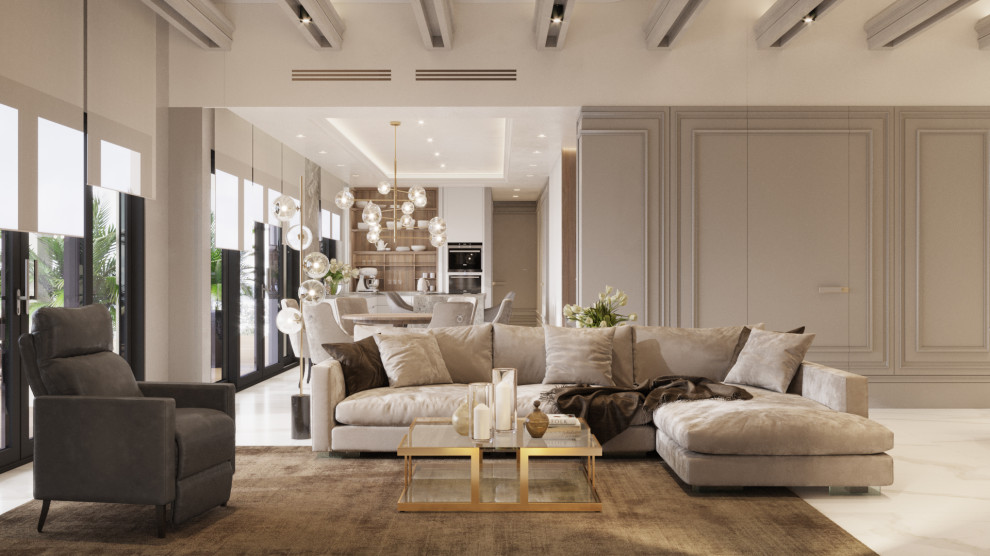 Idee per un grande soggiorno moderno con pareti beige, pavimento in marmo, pavimento beige, soffitto a volta e pannellatura