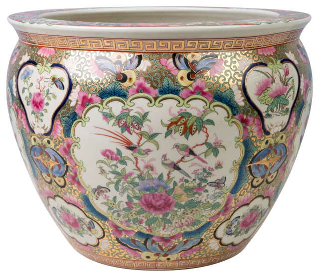 Oriental Rose Medallion Porcelain Bowl Planter 12 5 Diameter   Home Design 