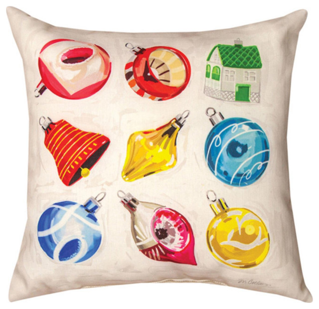 Christmas Ornaments Tossed Poly Fiber Climaweave Pillow With Multi