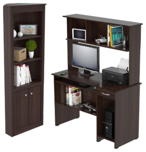 Home Square 2Piece Set with Computer Desk with Hutch & Corner Bookcase