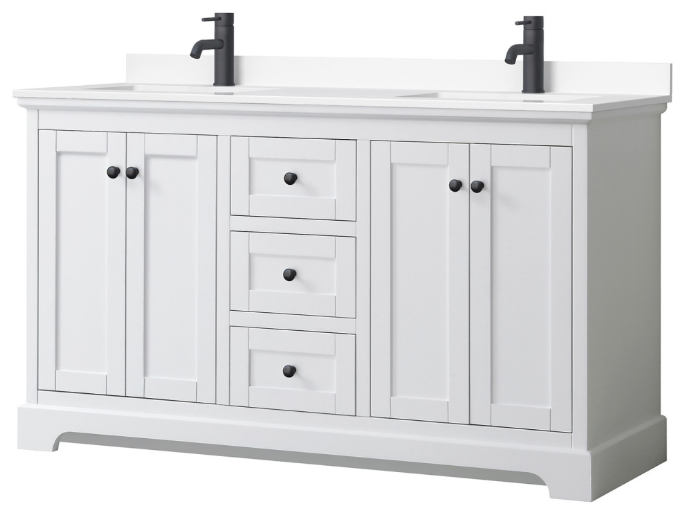 Avery 60" Double Vanity, White, White Cultured Marble Top, Black Trim