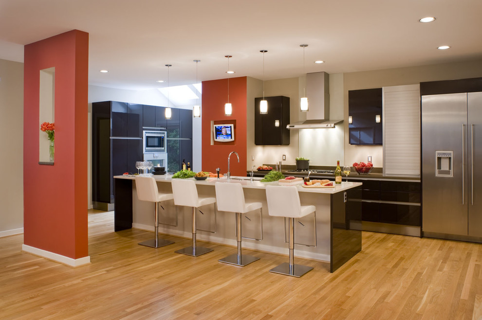 Design ideas for a contemporary kitchen in DC Metro with flat-panel cabinets and stainless steel appliances.