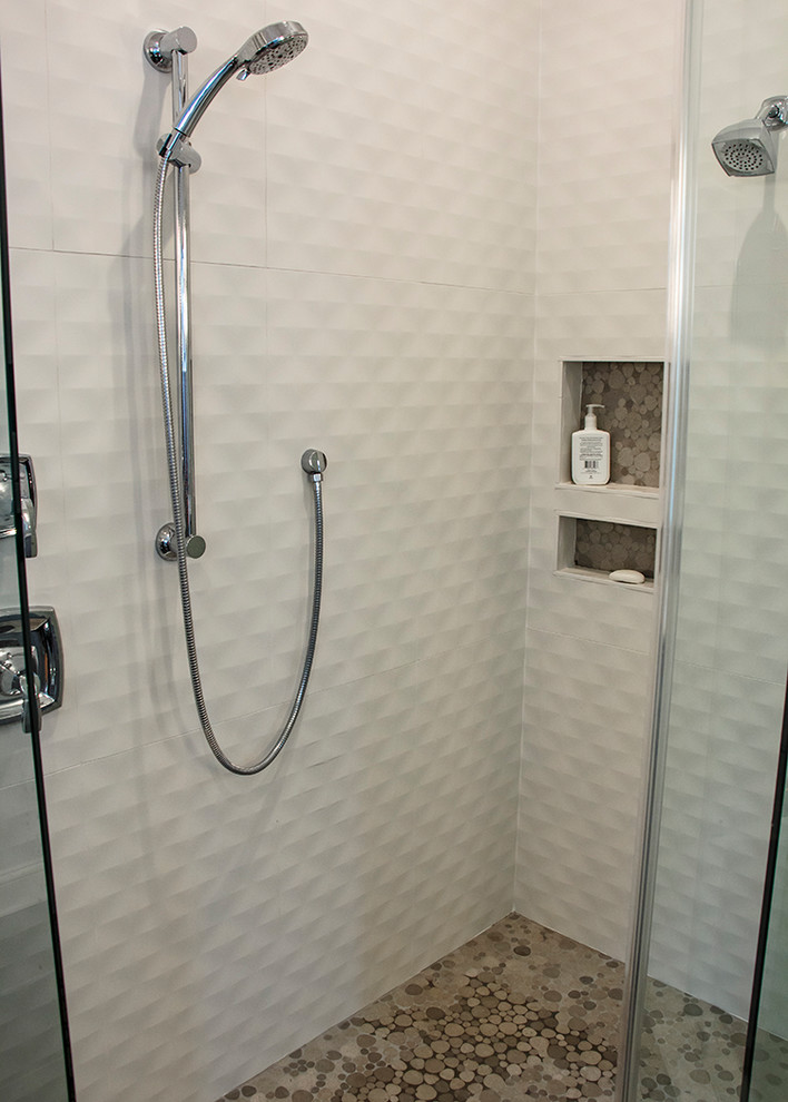 Inspiration for a mid-sized transitional master bathroom in Other with shaker cabinets, grey cabinets, a freestanding tub, an open shower, a one-piece toilet, white tile, ceramic tile, grey walls, ceramic floors, an undermount sink, quartzite benchtops, grey floor and a hinged shower door.