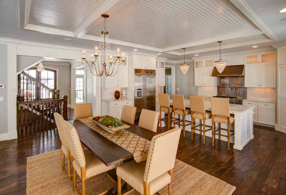 Kitchen/dining room combo - transitional medium tone wood floor and brown floor kitchen/dining room combo idea
