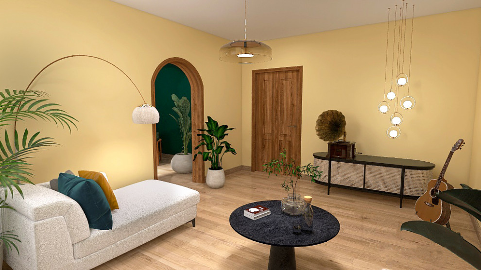 На фото: маленькая изолированная гостиная комната в стиле фьюжн с с книжными шкафами и полками, желтыми стенами, светлым паркетным полом, коричневым полом, потолком с обоями и обоями на стенах без камина для на участке и в саду с