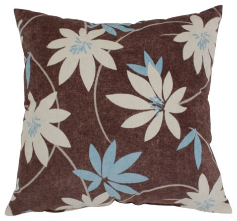Decorative Brown and Blue Flocked Floral 18-Inch Square Toss Pillow