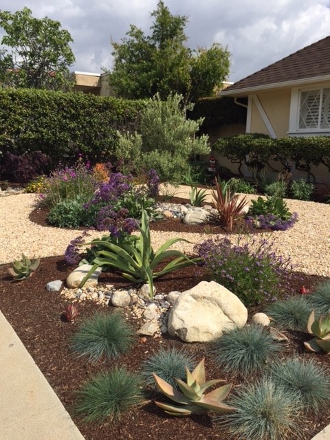 Photo of a large mid-century modern drought-tolerant and full sun front yard gravel landscaping in Los Angeles for spring.