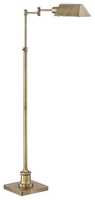 Traditional Pharmacy Floor Lamp, Adjustable Swing Arm, Aged Brass