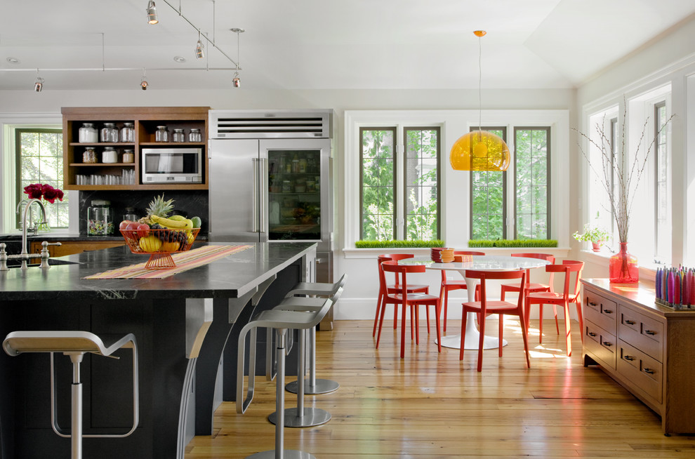 Design ideas for a traditional eat-in kitchen in Boston with soapstone benchtops.