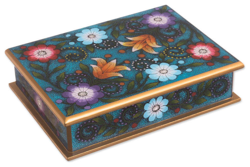 Novica Handmade Margarita Garden In Blue ReversePainted Glass